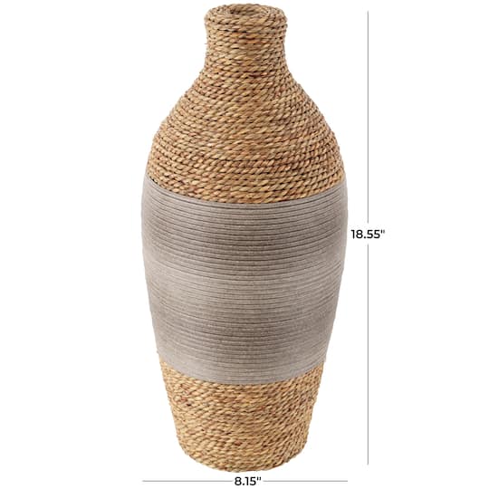 19" Brown Seagrass Handmade Wrapped Vase with Layered Gray Paneling